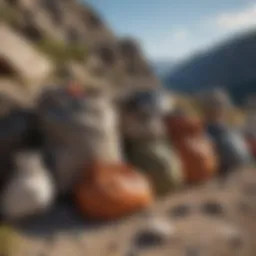 Different types of rock collecting bags displayed outdoors