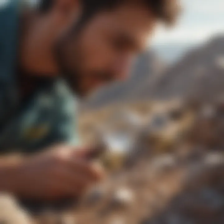 A geologist using a magnifying glass to examine a mineral specimen