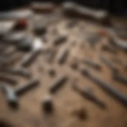 A collection of rock shaping tools displayed on a wooden surface