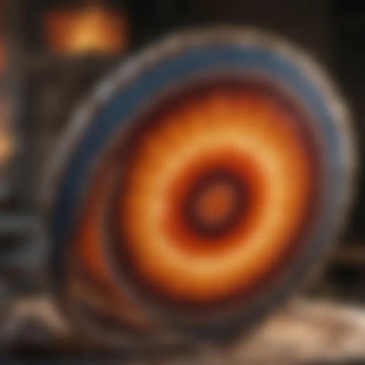 A close-up of a rock slab saw blade slicing through a vibrant agate slab