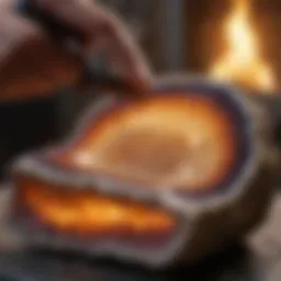 A rock slab saw cutting through a large geode with precision