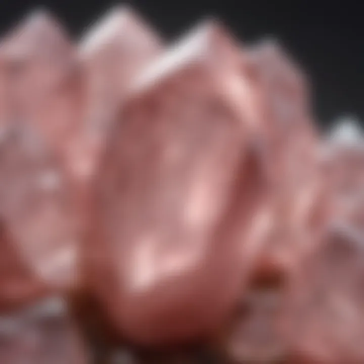 Close-up view of rose quartz crystal facets