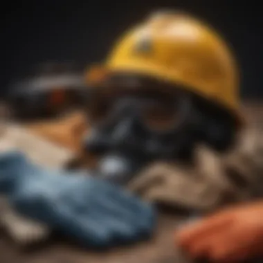 Safety Gear for Crystal Collectors An organized collection of safety gear including gloves, goggles, and a hard hat, emphasizing the importance of protection.