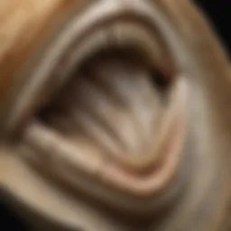 Detailed view of a sand tiger shark tooth showcasing its unique structure and serrations