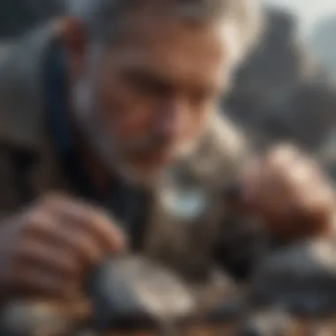 Scientist examining shiny gray rock with magnifying glass