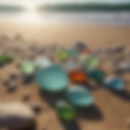 Sea glass collection on sandy beach