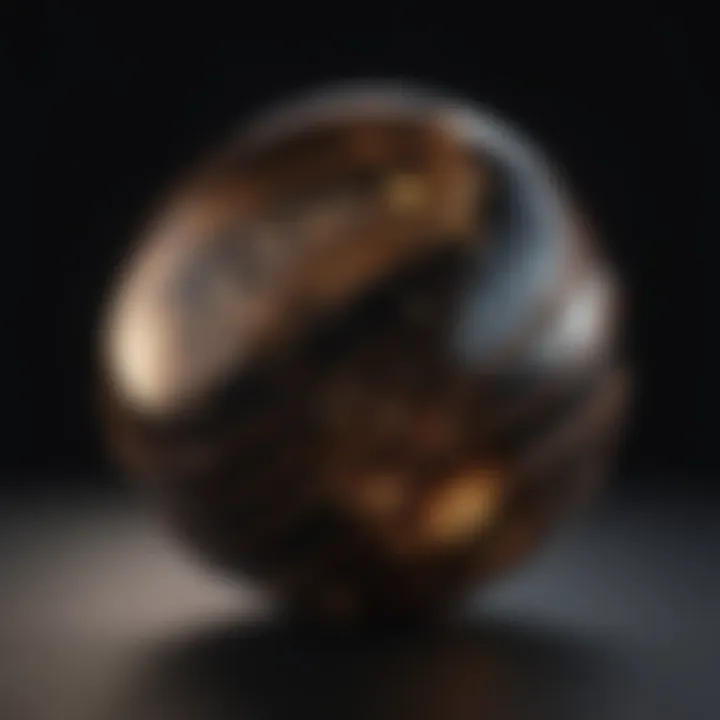 Shimmering black crystal with brown lines against dark backdrop