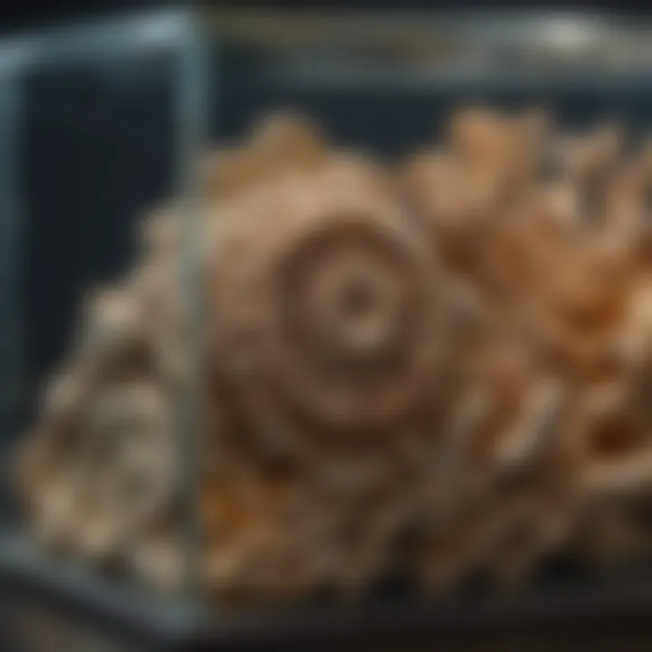 Close-up of a small glass case highlighting intricate fossil details