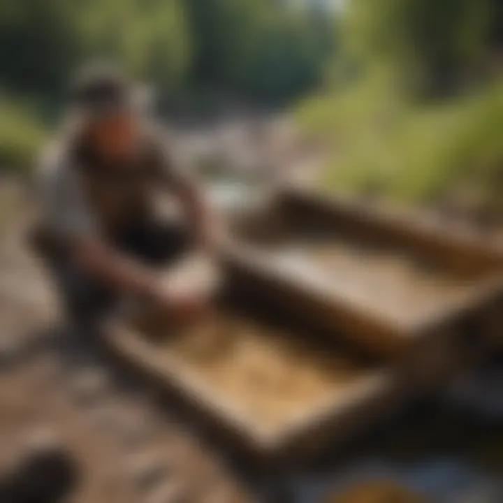 The functionality of a small gold sluice box in action during a prospecting session