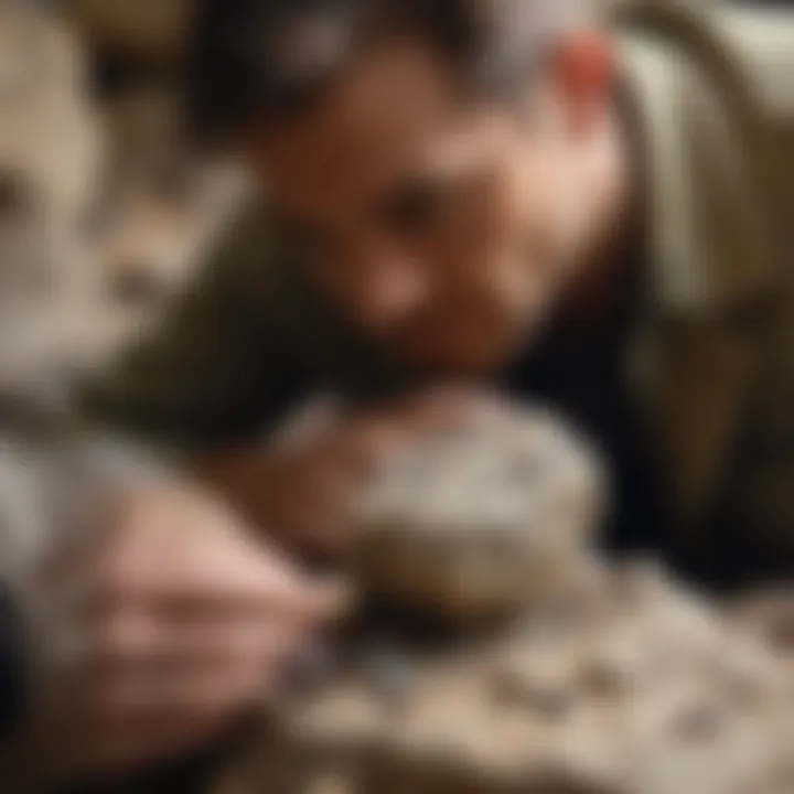 Rock collector examining a repaired stone under magnification