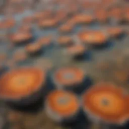 A close-up view of colorful stromatolites in shallow water