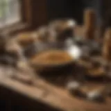 Essential gold panning tools displayed on a wooden table