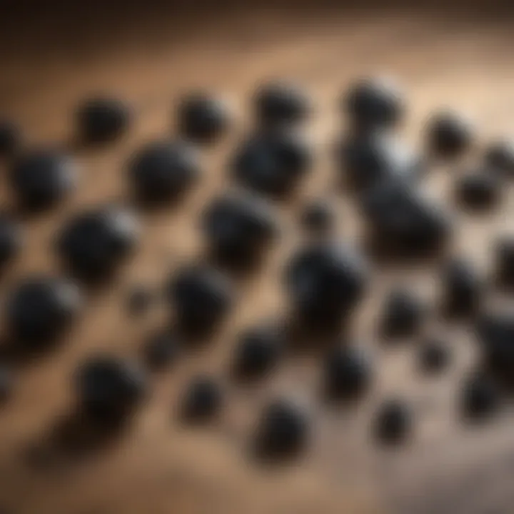 A collection of different black crystal stones arranged aesthetically on a wooden surface.