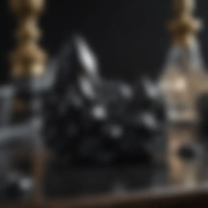 An elegant display of black crystal stones integrated into a stylish home decor setting.