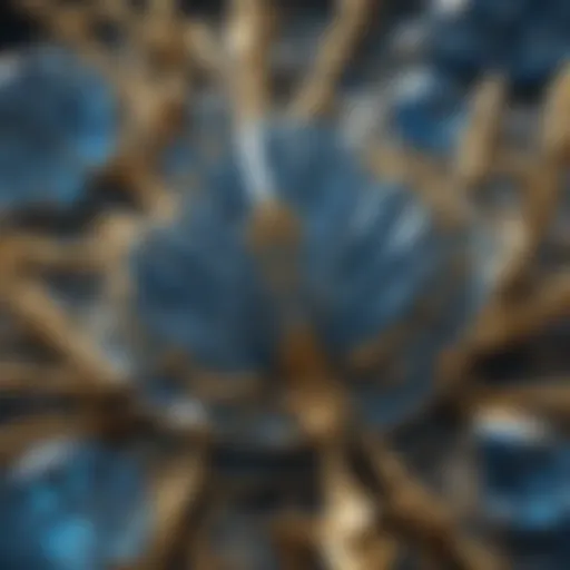 A close-up view of a blue crystal featuring intricate gold flecks