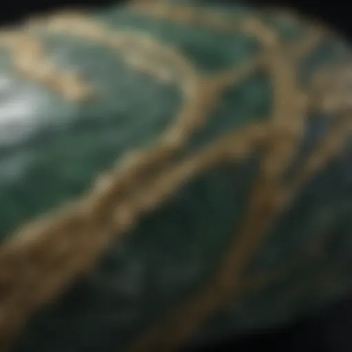 A close-up view of dark green stone with shimmering gold flecks