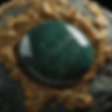 Raw Dark Green Stone with Intriguing Gold Flecks A display of raw dark green stone showcasing its natural beauty