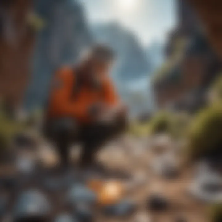 A serene outdoor scene depicting a geologist examining crystal formations in nature.