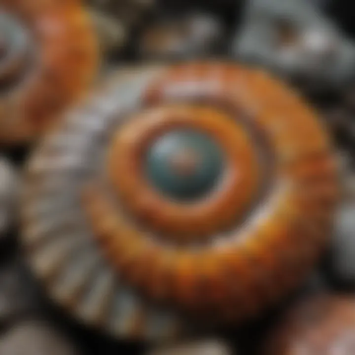 Polished ammonite fossil with a focus on its vibrant colors and texture