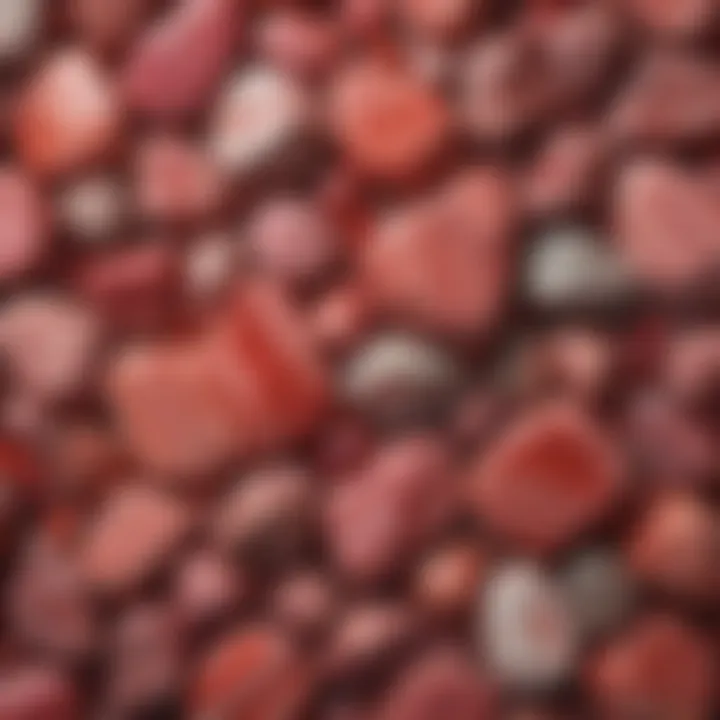 An artistic arrangement of various rhodochrosite pieces on a textured surface, highlighting their geological beauty.