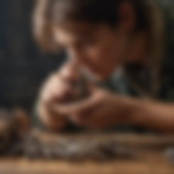 A collector examining raptor claws under natural light