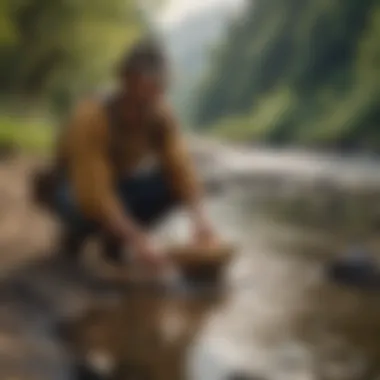 A serene river scene with a prospector using a gold sifting pan.