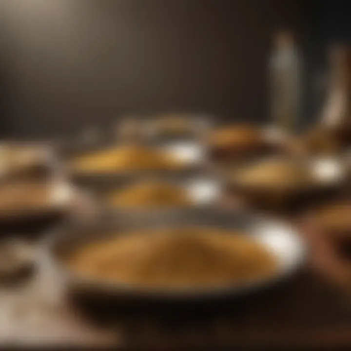 An array of different gold sifting pans displayed on a wooden table.