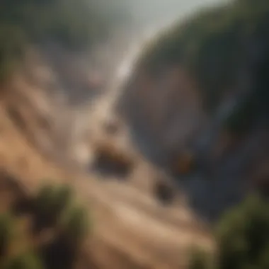 Aerial view of an active gold mining site surrounded by lush forest.