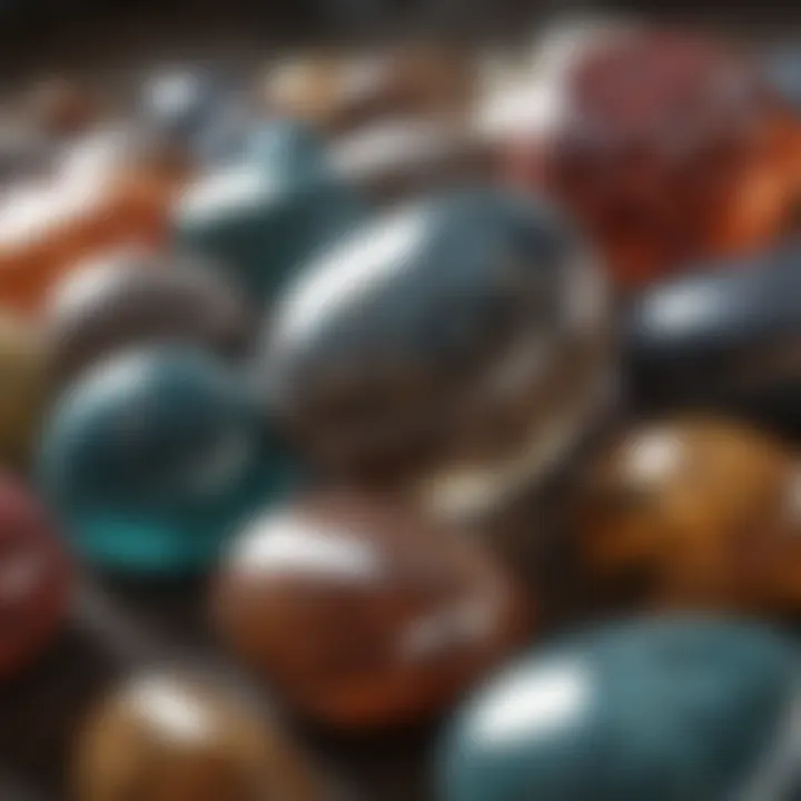 Close-up of polished stones highlighting their shine and color