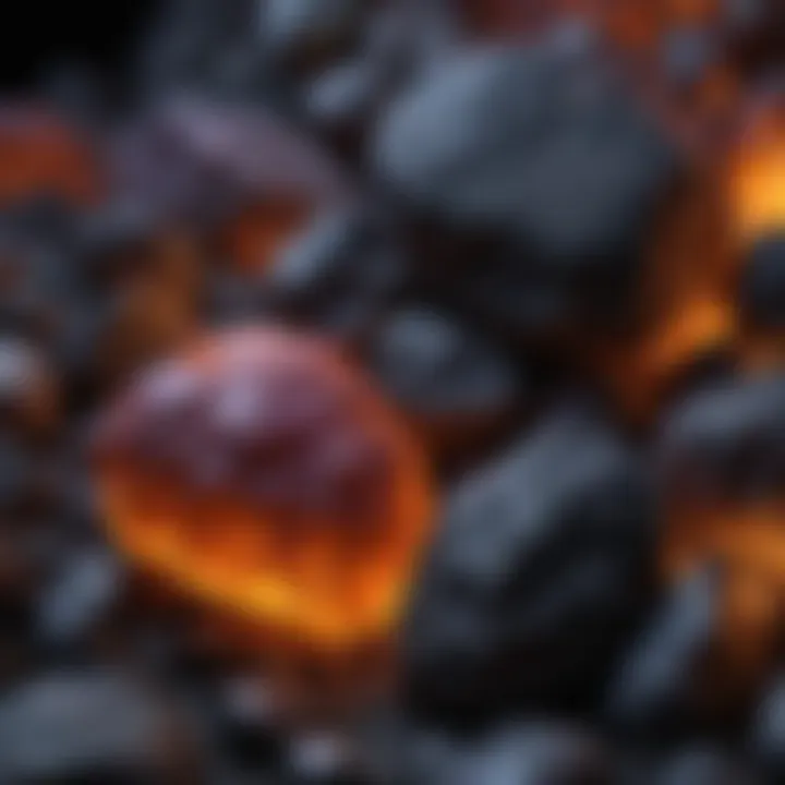 A close-up view of rocks glowing under black light, highlighting their colors.
