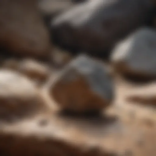 Close-up view of a small rock pick resting on a textured rock surface
