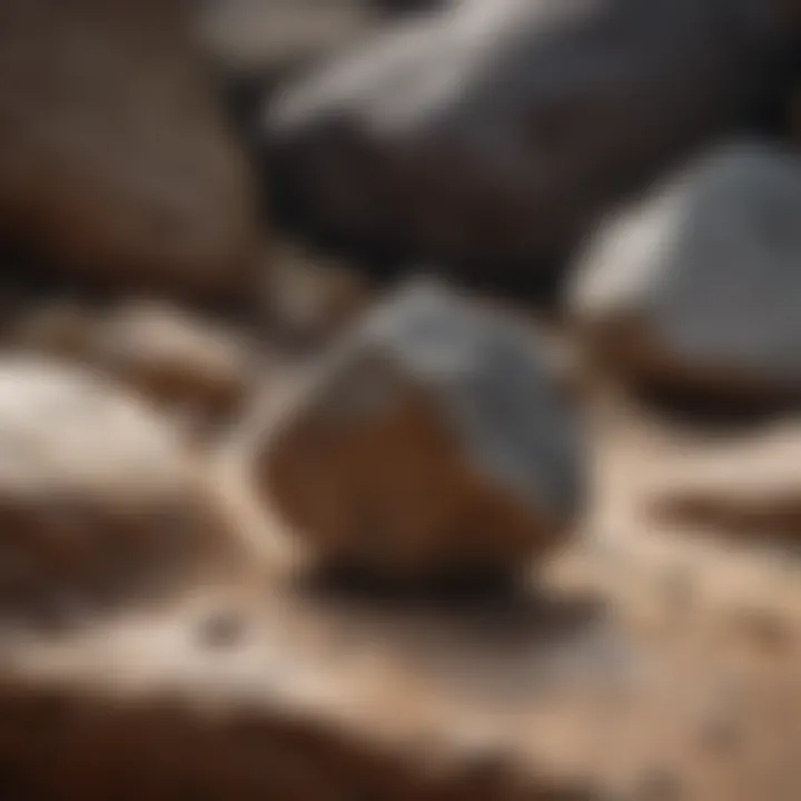 Close-up view of a small rock pick resting on a textured rock surface