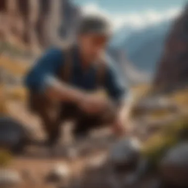 Collector Using a Small Rock Pick An outdoor scene of a collector using a small rock pick in a rocky environment
