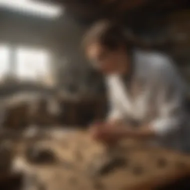 Paleontologist at Work A paleontologist examining a velociraptor fossil in a lab setting