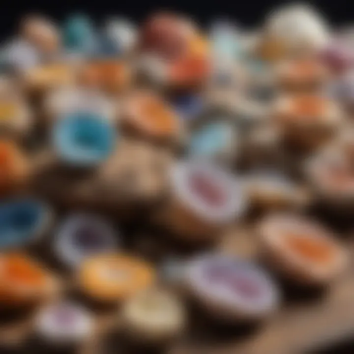 An assortment of geodes in various sizes and colors displayed on a table