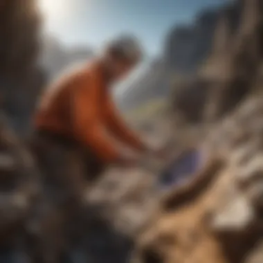 Extraction of a Geode from Volcanic Rock A miner extracting a geode from a volcanic rock face
