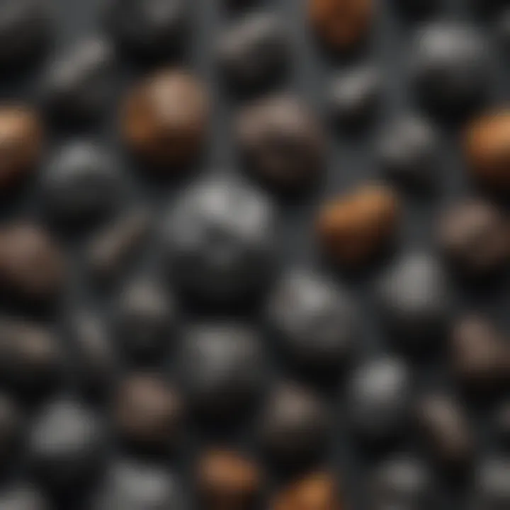 An impressive display of various iron meteorites arranged artistically on a dark background.