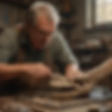 A craftsman carefully creating a dinosaur bone replica using specialized tools.