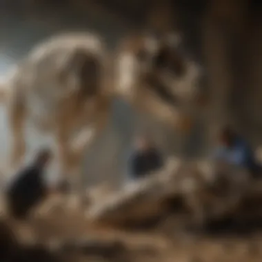 Paleontologists examining a dinosaur skeleton at a dig site.