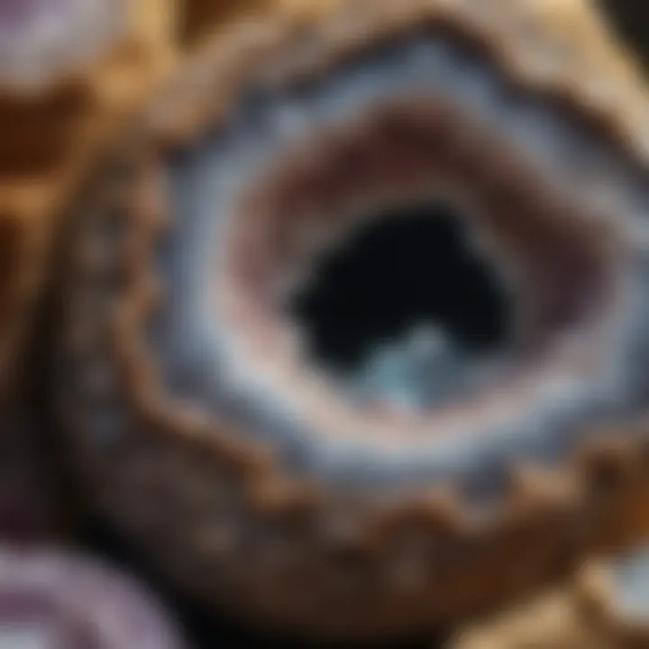 Close-up view of a geode's crystalline interior, highlighting its geological beauty.