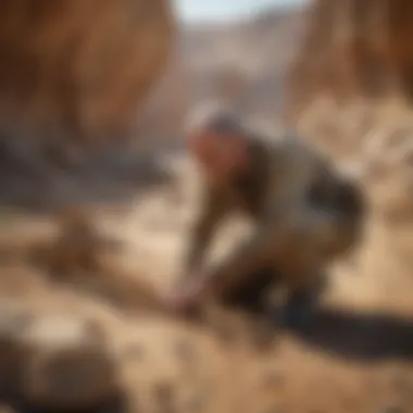 Illustration of a paleontologist examining a fossil at a dig site