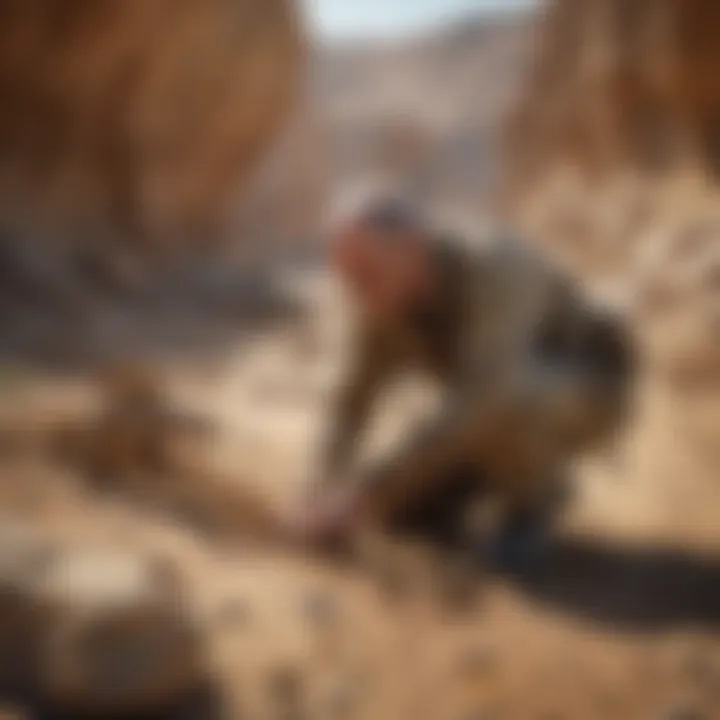 Illustration of a paleontologist examining a fossil at a dig site