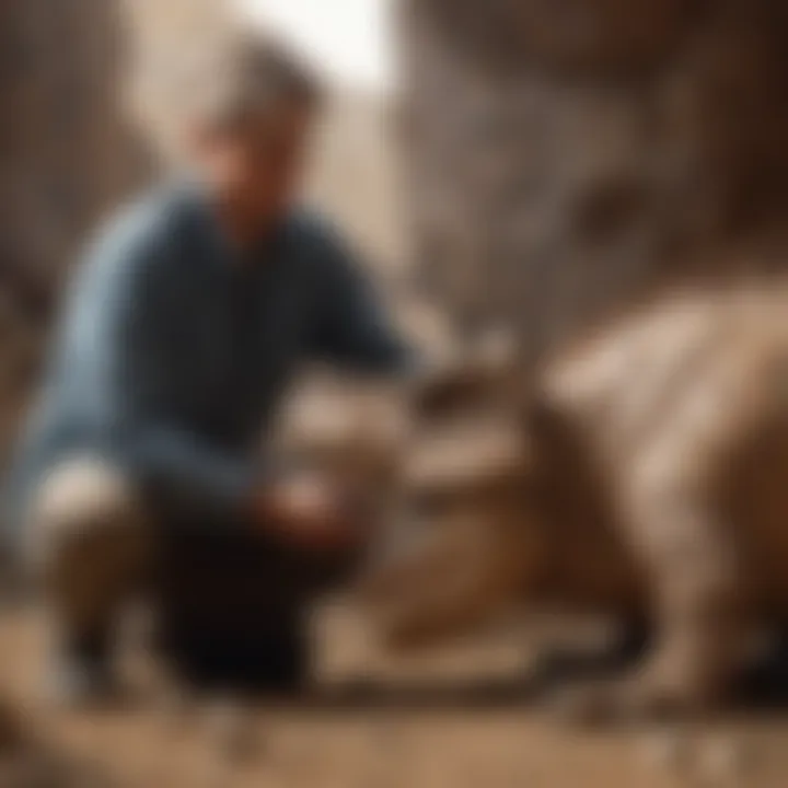 A paleontologist examining a dinosaur fossil