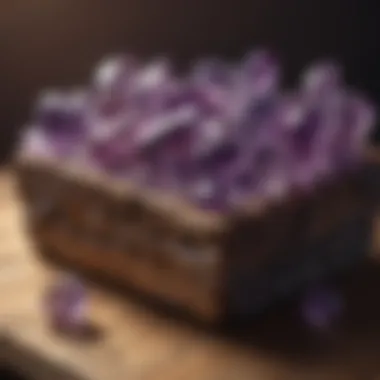 A display of polished amethyst crystals arranged artistically on a wooden surface.