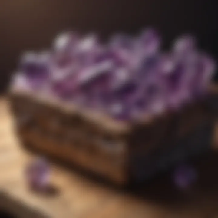 A display of polished amethyst crystals arranged artistically on a wooden surface.