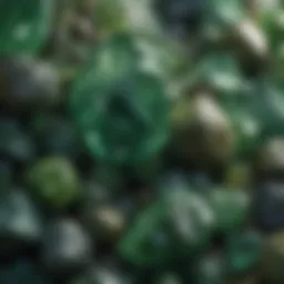 A close-up of various green crystal rocks displaying unique textures and formations.