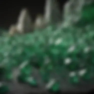 A collector's display featuring both common and rare green crystals in organized settings.