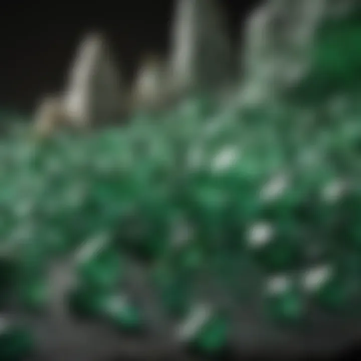 A collector's display featuring both common and rare green crystals in organized settings.