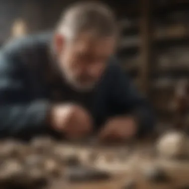 Meticulous Examination of Bonded Specimens Rock and fossil collector meticulously examining specimen bonded with holding glue