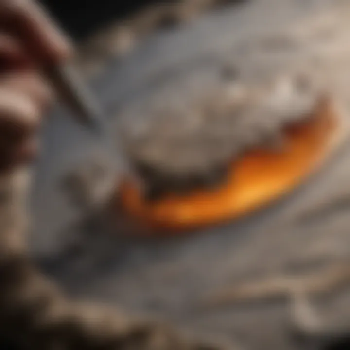 Close-up of a precision application of holding glue on a rare fossil